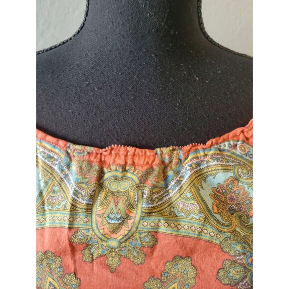 Lucky Brand Orange Aztec Short Sleeve Blouse Size M Bohemian Hippie Western - Picture 2 of 6